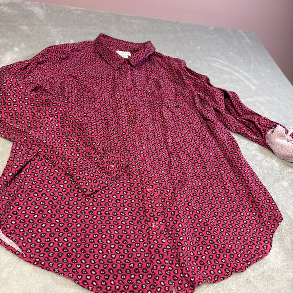 Liz Claiborne Women's Large Shirt Pink Black Paisley Button Up Roll Tab Sleeve